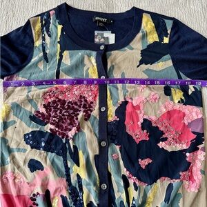 DKNY Silk Sequin Floral Colorful Navy Button Cardigan Preppy Pretty Casual